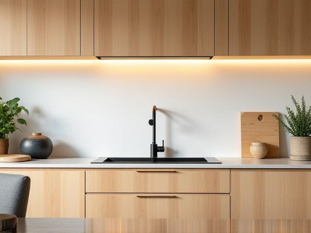 Porträtt av ett stilrent kök med inslag av modern lantlig design.