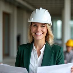 Projektledare granskar planritningar med ett leende