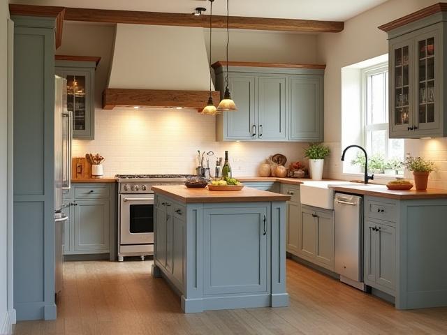 Klassiskt lantligt kök med grå skåpluckor och köksö i trä