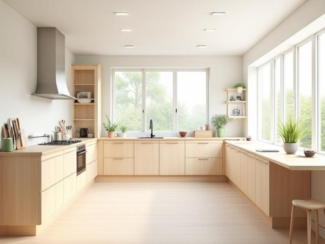 Ljust skandinaviskt kök med björkträinslag och stora fönsterpartier